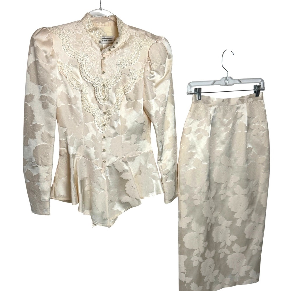 Jessica McClintock Vintage Cream Floral Jacquard Skirt Suit Set Lace Pearl Sz 8